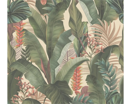 A.S. CRÉATION Vliesbehang jungle bloemen beige groen lichtroze rood Behang met blad- en bloemmotief