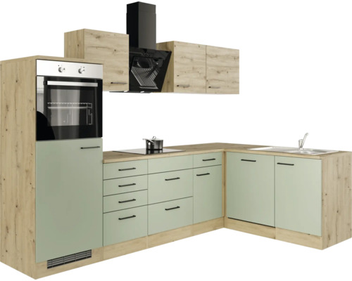 Keuken met spoelbak, kookplaat, oven en afzuigkap