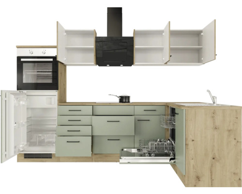 Keuken met laden, kasten, spoelbak, vaatwasser, koelkast, oven en afzuigkap