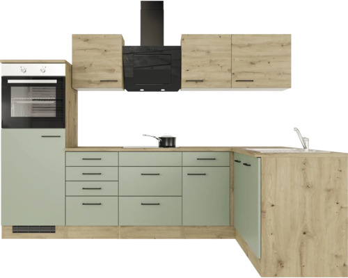 Keuken met bovenkasten, afzuigkap, spoelbak en inbouwoven