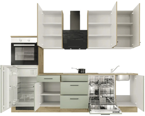 Complete keuken met inbouwapparatuur, spoelbak, fornuis, afzuigkap, koelkast en vaatwasser.