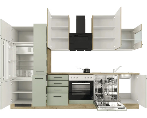 Moderne keuken met inbouwapparatuur, gootsteen en open kastdeuren