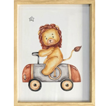 Ingelijste afbeelding met leeuw in racewagen voor kinderkamerdecoratie