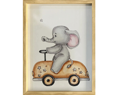 Ingelijste kinderfoto met olifant in een auto