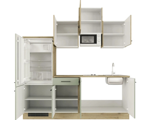 Compacte keuken met koelkast, magnetron, spoelbak en opbergruimte