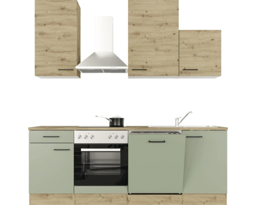 Keuken met bovenkasten, afzuigkap, spoelbak, fornuis en oven