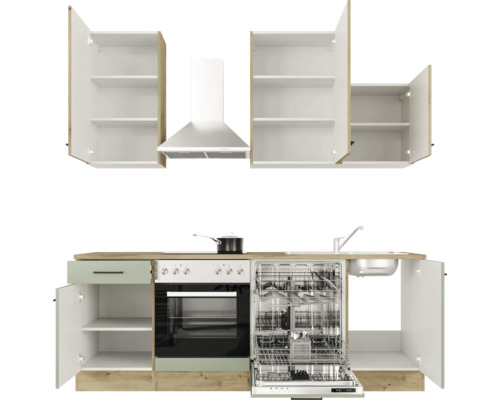 Complete kitchenette met spoelbak, vaatwasser, oven, kookplaat, afzuigkap en kasten