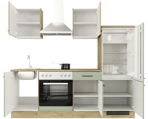 Complete kitchenette met spoelbak, fornuis, koelkast en afzuigkap