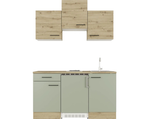 Keukenblok met onderkasten, spoelbak, kookplaat en bovenkasten in modern design