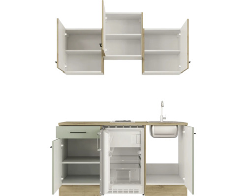 Keukenblok met bovenkasten, spoelbak en koelkast