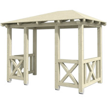 Houten tuinpaviljoen met vierkant dak en decoratieve houten elementen