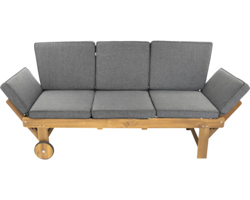 Tuinbank met drie zitplaatsen, wielen en grijze kussens