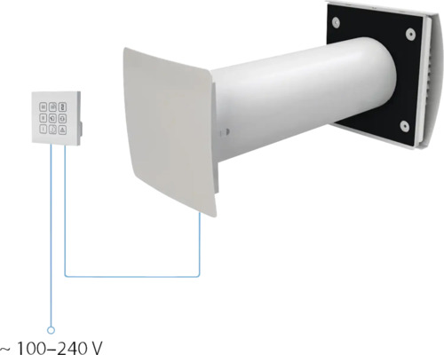 Wandventilator met bedieningselement en spanningsspecificatie