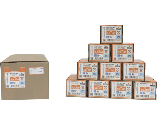HECO Topix-Plus Universele schroef 5,0x100 mm platverzonken kop met freesholtes Torx T20 deeldraad blauw verzinkt, 1000 stuks Heco Topix Plus schroeven 5,0 x 100 mm, grootverpakking en afzonderlijke verpakkingen