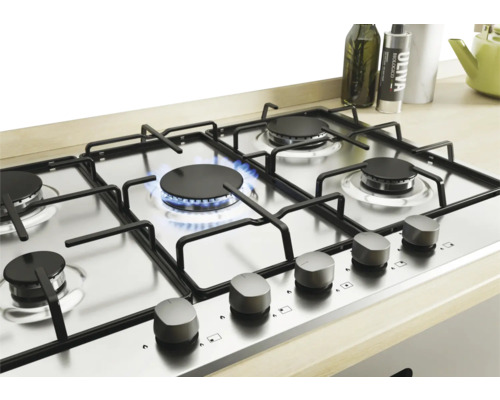 Roestvrijstalen gaskookplaat met vijf pitten, waarvan één met vlam