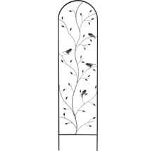 Decoratieve klimhulp met vogel- en bladerenmotief voor de tuin.