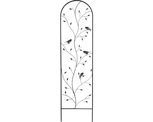 Decoratieve klimhulp met vogel- en bladerenmotief voor de tuin.