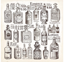 Illustratie van verschillende parfumflessen en lotions met prijsaanduidingen