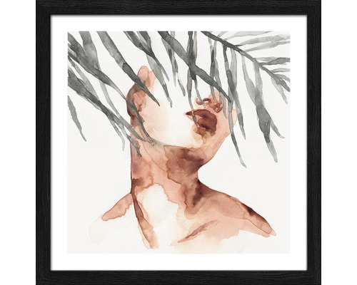 Ingelijste afbeelding van een vrouw met bladmotieven als aquarel