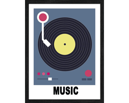 Ingelijste poster met draaitafel en het woord Music