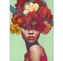 Schilderij van een vrouw met bloemenhoofddeksel