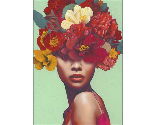 Schilderij van een vrouw met bloemenhoofddeksel