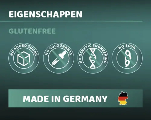 Glutenvrij, zonder toegevoegde suiker, zonder kleurstoffen, zonder genetische manipulatie, zonder soja, Made in Germany