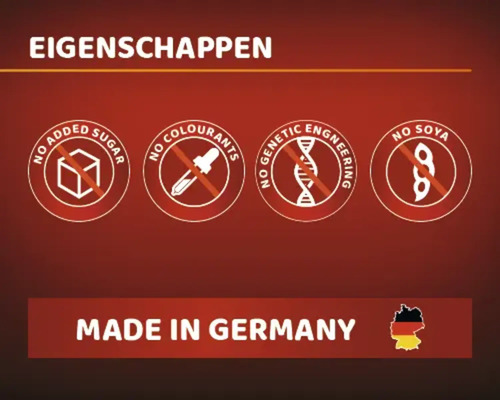 Eigenschappen: Geen suiker toegevoegd, geen kleurstoffen, geen genetische manipulatie, geen soja, gemaakt in Duitsland