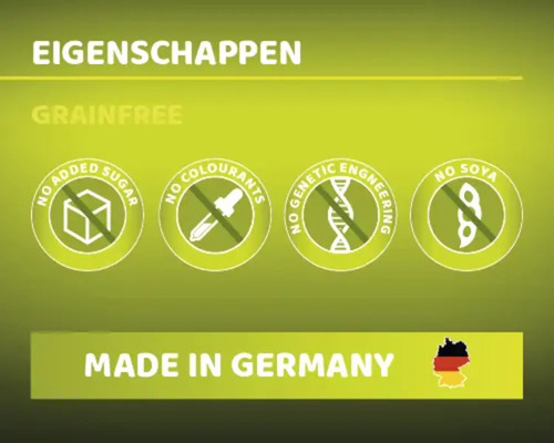 Eigenschappen: Geen suiker toegevoegd, geen kleurstoffen, geen genetische manipulatie, geen soja, gemaakt in Duitsland