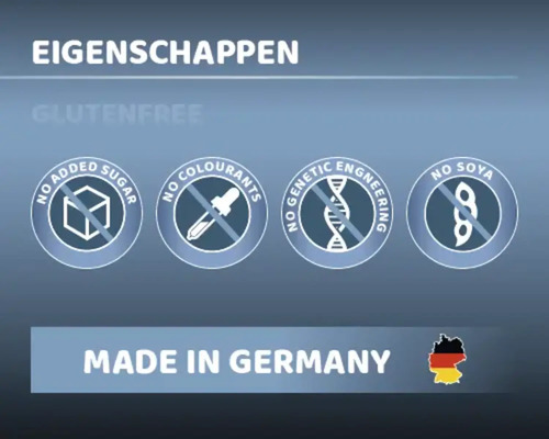 Eigenschappen: geen toegevoegde suiker, geen kleurstoffen, geen genetische manipulatie, geen soja, glutenvrij, Made in Germany