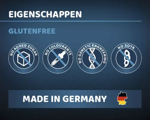 Productkenmerken: glutenvrij, zonder toegevoegde suiker, zonder kleurstoffen, zonder genetische manipulatie, zonder soja, gemaakt in Duitsland