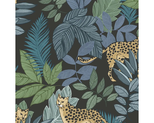 Vliesbehang 118610 Envy bladeren dieren blauw Behang met jungle motieven en luipaarden