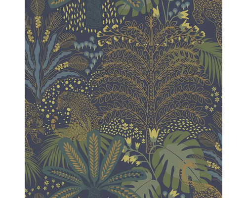 Vliesbehang 118612 Envy jungle natuur dieren blauw Behang met jungle-motief, luipaard, planten en bomen