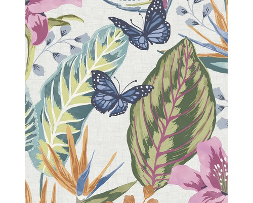 Vliesbehang 118613 Envy vlinders bladeren wit Behang met tropische bladeren, bloemen en vlinders
