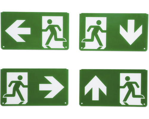 Set van vier nooduitgangborden met pijlen in verschillende richtingen
