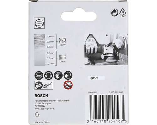 Achterkant van de verpakking van een Bosch-product met technische details en veiligheidsinstructies
