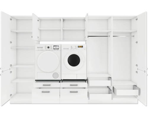 Witte kledingkast met wasmachine, droger en open deuren