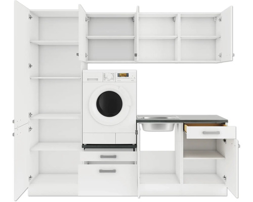 Wasruimte meubels met wasmachine, wastafel en kasten