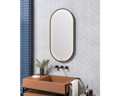 SANOX Badkamerspiegel Ghost met LED-verlichting en verwarming ovaal 40x80 cm Moderne badkamer met verlichte spiegel, wastafel en kranen