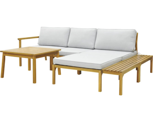 GARDEN PLACE Loungeset Cozy 5-delig acacia hout geolied met grijze kussens Tuinmeubelset met bank, tafel en zitbank van hout