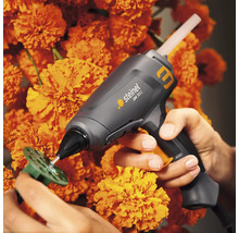 Steinel lijmpistool dat een werkstuk vastlijmt met smeltlijm voor een achtergrond van oranje bloemen.