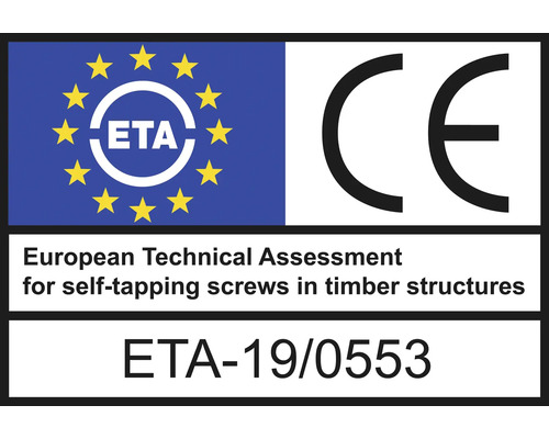 Europese technische beoordeling voor zelftappende schroeven in houten constructies met CE-markering en ETA-19/0553.
