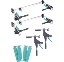 Werkbankaccessoires met horizontale spanner, éénhandsklemmen en beschermkappen