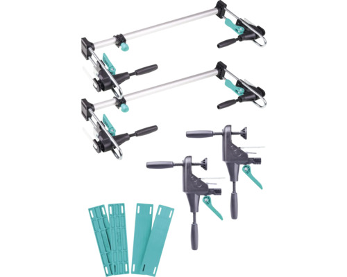 Werkbankaccessoires met horizontale spanner, éénhandsklemmen en beschermkappen