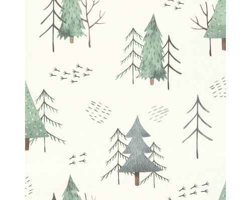 RASCH Vliesbehang 300734 Kids World bomen wit Illustratie van een winterbospatroon met bomen en vogelsporen
