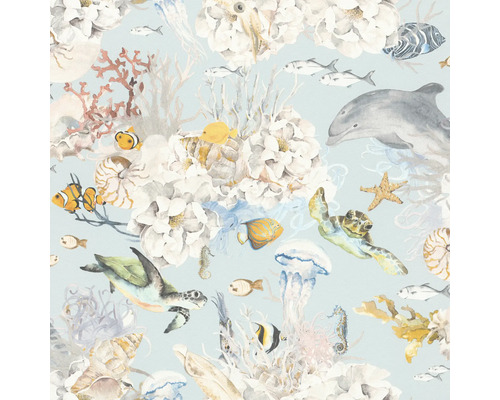 RASCH Vliesbehang 301328 Kids World waterdieren blauw Behang met onderwatermotief van koraal, vissen, schildpadden en bloemen
