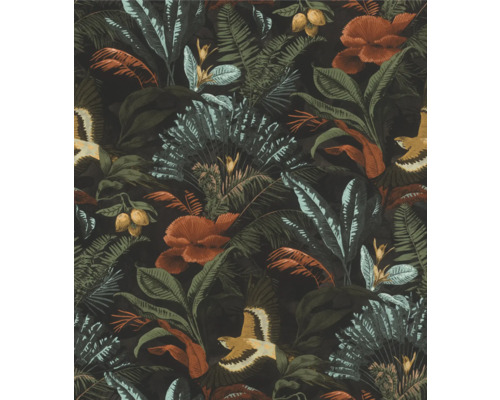 RASCH Vliesbehang 639230 Selection jungle zwart Behang met junglepatroon, bestaande uit planten, bloemen en vogels