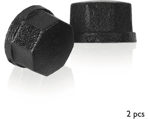 Twee zwarte gietijzeren afsluitdoppen