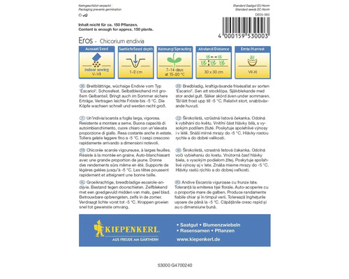 Eros Chicorium Endivia zadenpakket met informatie over zaaien, zaaidiepte, kieming, afstand en oogst