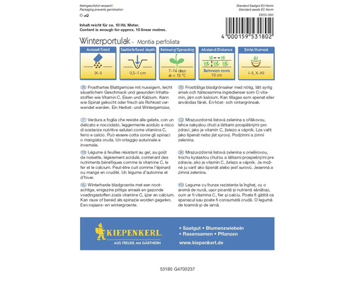 Winterpostelein zadenpakket met informatie over zaaien, zaaidiepte, kieming, afstand en oogst